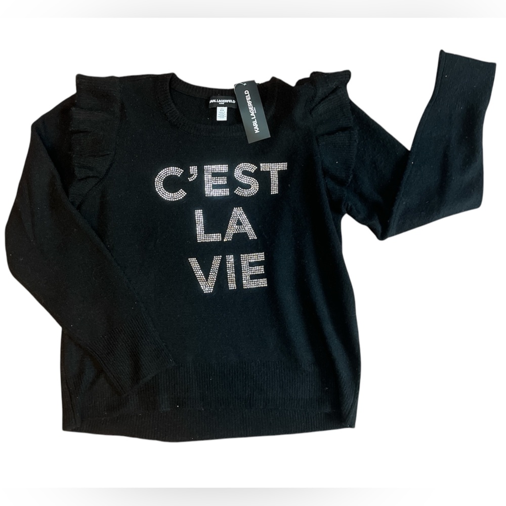 KARL LAGERFELD PARIS C’EST LA VIE RHINESTONE RUFFLE SWEATER. BLACK. SIZE LARGE